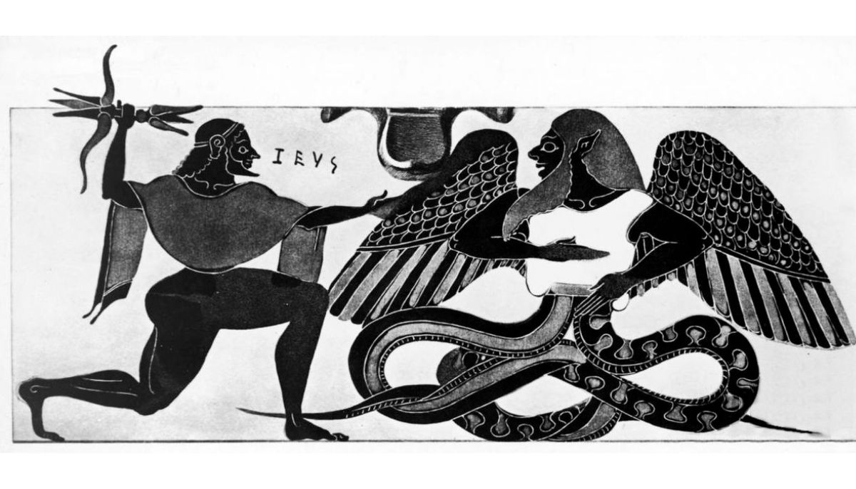 Artwork of Zeus fighting Typhon