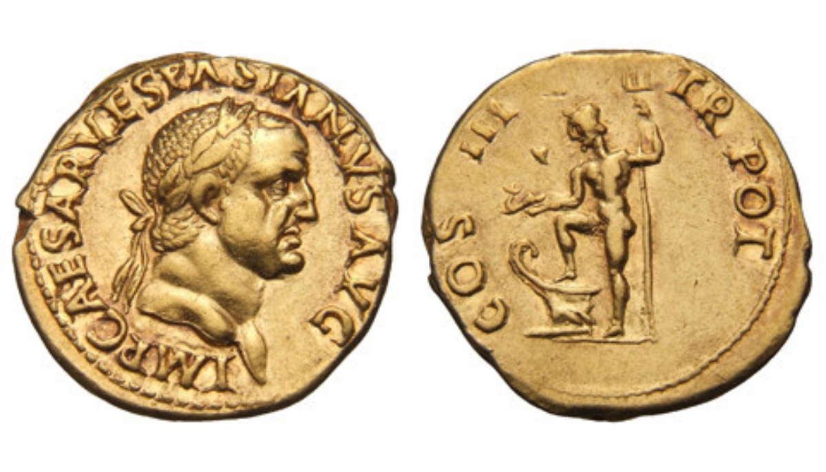 Gold Roman coin featuring Emperor Vespasian