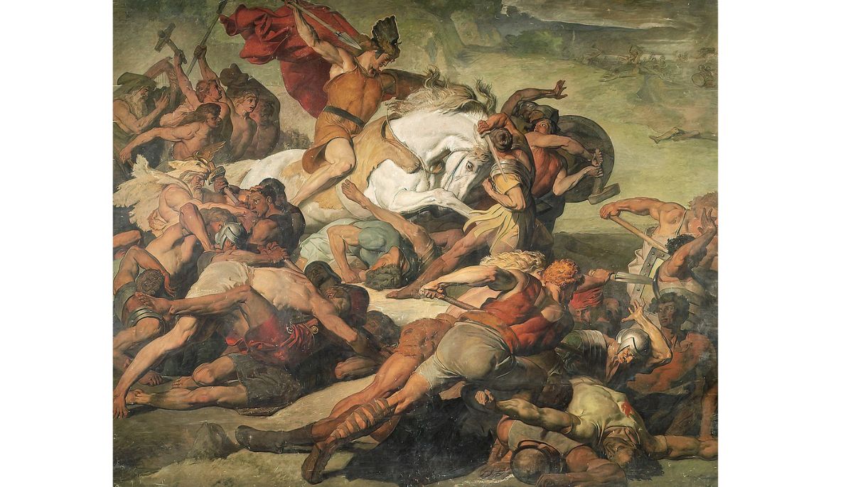 Der siegreich vordringende Hermann" ("The Victorious Advancing Hermann"), by Peter Janssen, completed in 1873, depicting Hermann (Arminius) at the Battle of the Teutoburg Forest in 9 CE.