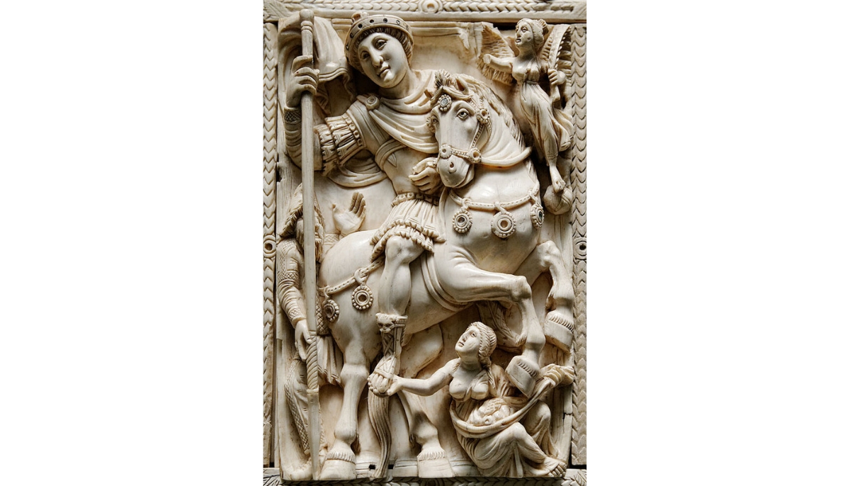 Barberini diptych, central panel: Emperor Anastasius or Emperor Justinian in triumph; Nike (Victory) flies above him crowning him, whereas the Mother Earth bears his foot beneath. Constantinople, Late Roman Theodosian style.