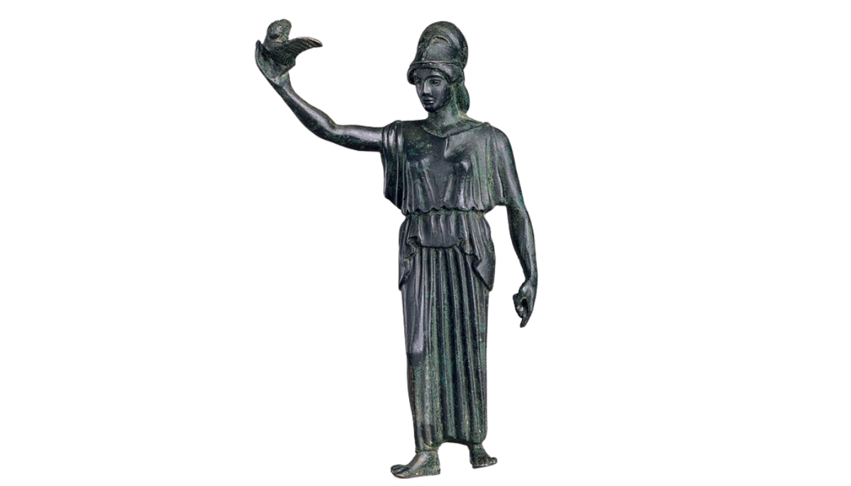 Bronze statuette of Athena flying her owl, Greek