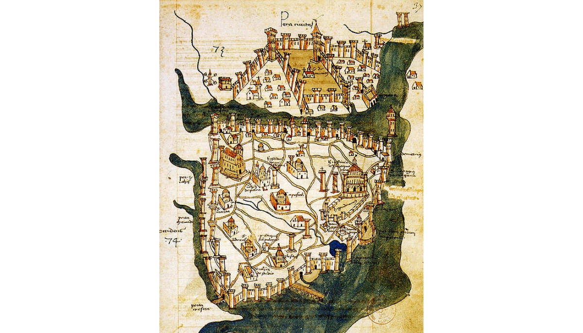 Map of Constantinople (a small part of modern Istanbul), called "Historic Peninsula", Tarihi Yarımada en Turkish) designed in 1422 by Florentine cartographer Cristoforo Buondelmonti (Description des îles de l'archipel, Bibliothèque nationale, Paris) is the oldest surviving map of the city, and the only surviving map which predates the Turkish conquest of Constantinople in 1453.