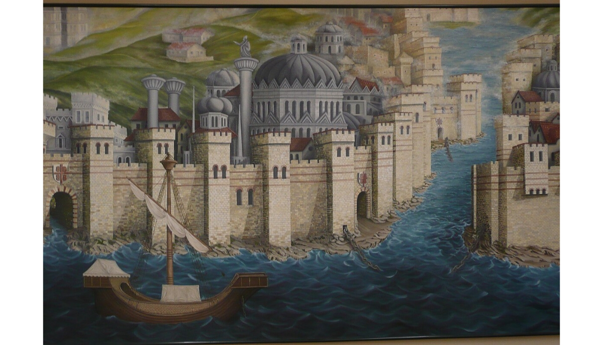 A mural in the Istanbul Archaeology Museums depicting the seaward walls of the Byzantine capital, the Golden Horn with its chains and the Genoese Colony of Galata in the 14th-15th centuries.