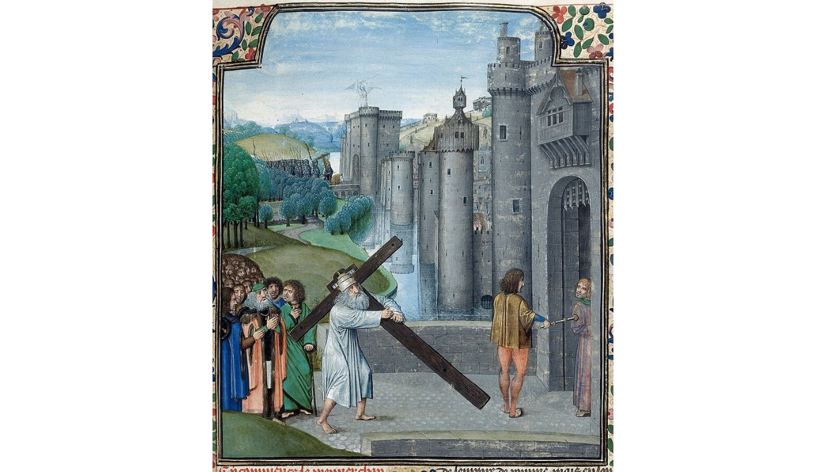 Detail of a miniature of emperor Heraclius carrying the True Cross, at a gate of Jerusalem