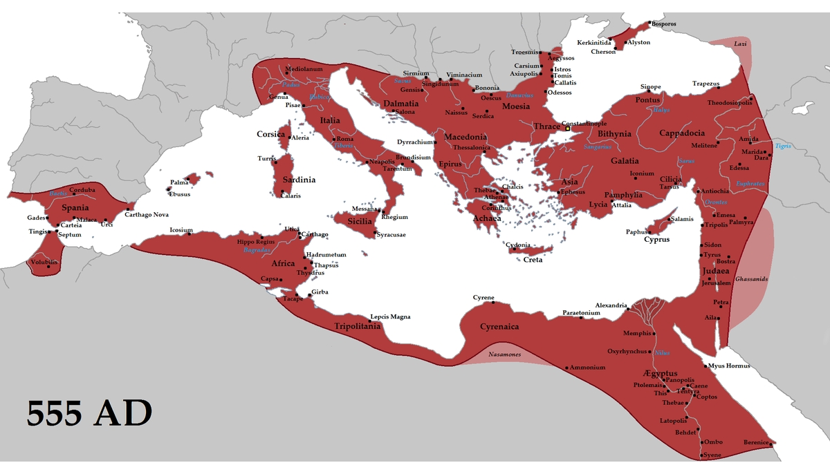 The Eastern Roman Empire (red) and its vassals (pink) in 555 AD during the reign of Justinian I.