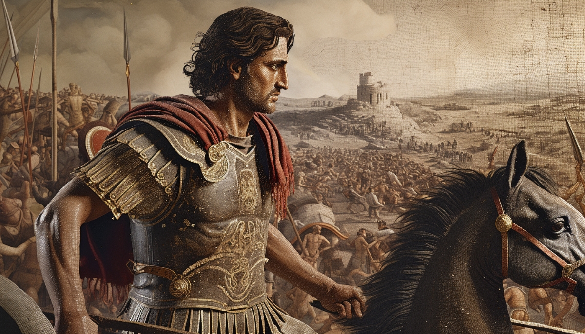 Ai-generated image of Alexander the Great in battle, based on the Battle of Issus Mosaic.