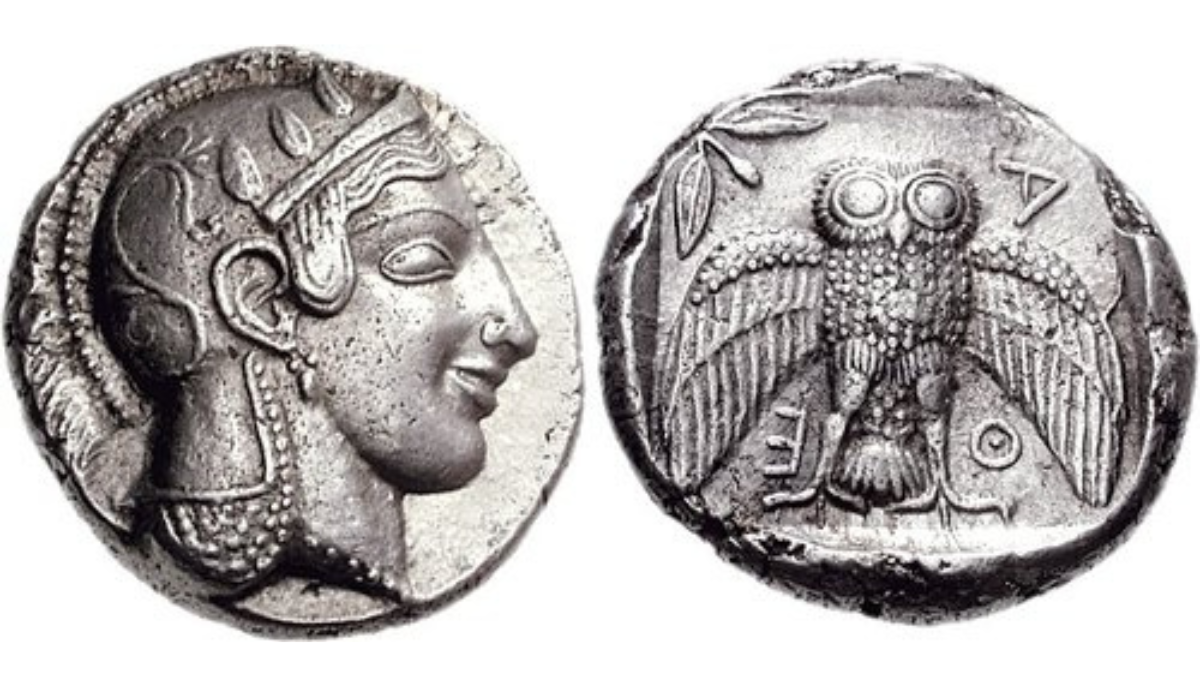 Athens, 467-465 BC. Silver Dekadrachm (43.38 g). Head of Athena right, wearing single-pendant earring, necklace, and crested Attic helmet decorated with three olive leaves over visor and a spiral palmette on the bowl / ΑΘΕ (ΑΘΗΝΑΙΩΝ - of Athenians), owl standing facing, wings spread; olive sprig and crescent to upper left; all within incuse square.