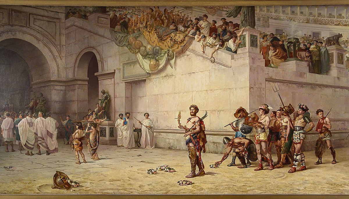 The Emperor Commodus Leaving the Arena at the Head of the ancient Roman Gladiators by American muralist Edwin Howland Blashfield (1848-1936)