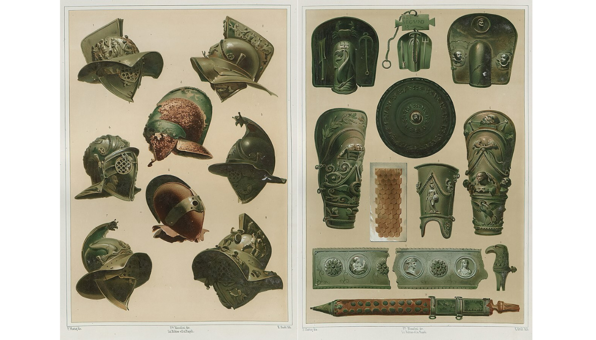 Gladiator armor and helmets recovered from Herculaneum and the gladiator barracks in Pompeii painting by F Mattej, 1854
