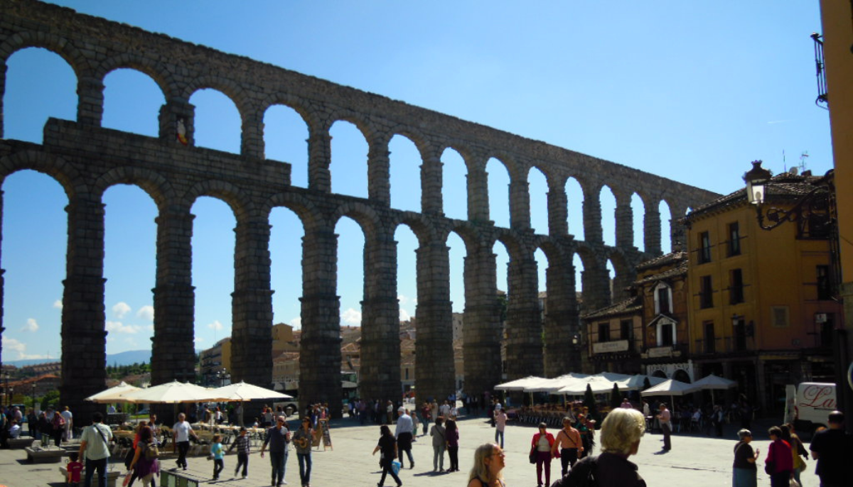 The north east elevation of the Roman Aqueduct in the city of Segovia, Castile and León, Spain.