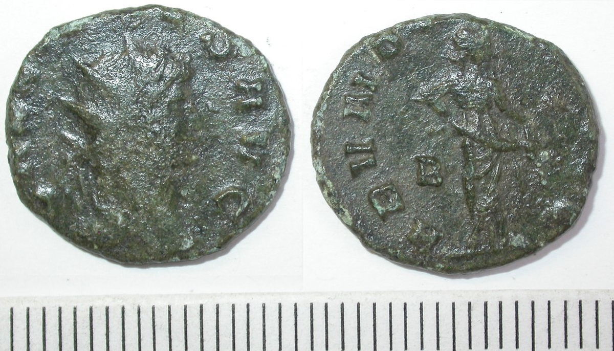 Roman coin; radiate of Gallienus; Abundantia reverse