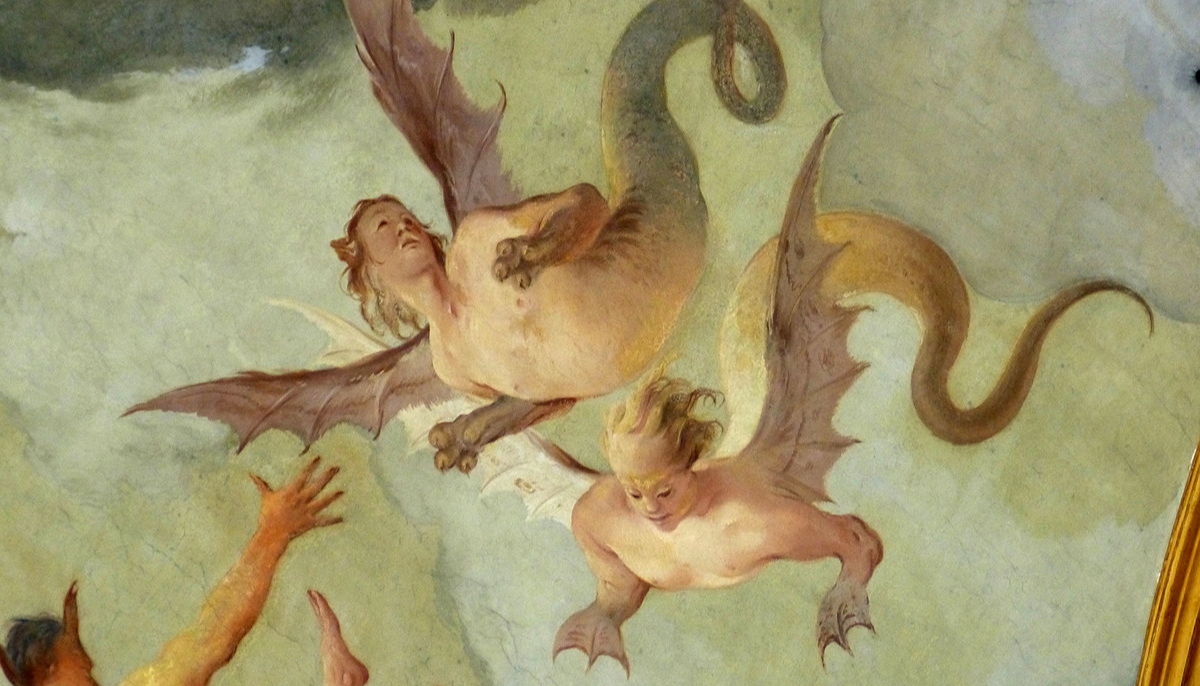 Harpies as allegories of vices and heresies. Monastery church of the Assumption of Mary: Fresco ( 1744-48 ) of the Assumption of Mary by Johann Jakob Zeiller