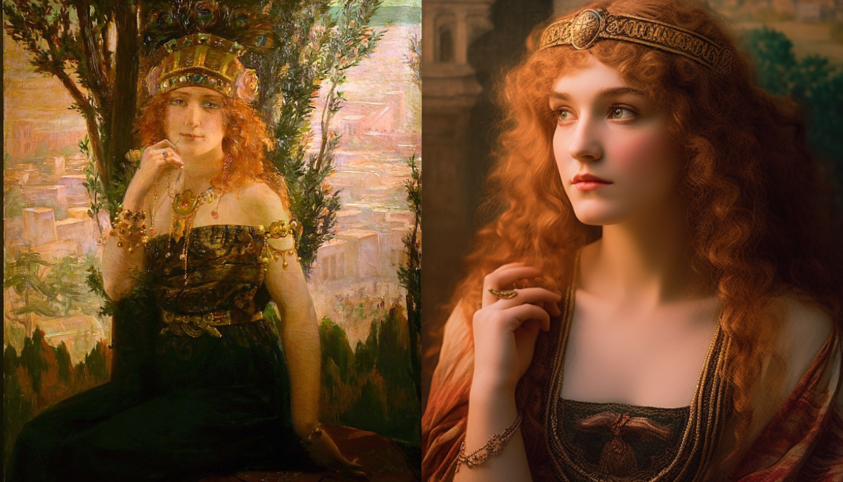 
The image features two interpretations of Helen of Troy, as envisioned by Gaston Bussière. On the left, Bussière's original oil painting portrays Helen ensconced in a lush, verdant setting, her fiery red hair and regal attire suggesting a blend of natural beauty and royal opulence, typical of the Symbolist movement.

On the right, a modern rendition inspired by Bussière's work transforms the classical portrait into a more photorealistic image. This updated version of Helen retains the fiery red curls and noble demeanor, but with a softer, more introspective expression. The intricate details of her jewelry and the weave of her garments are rendered with striking clarity, set against a warm, glowing backdrop that highlights her thoughtful gaze.