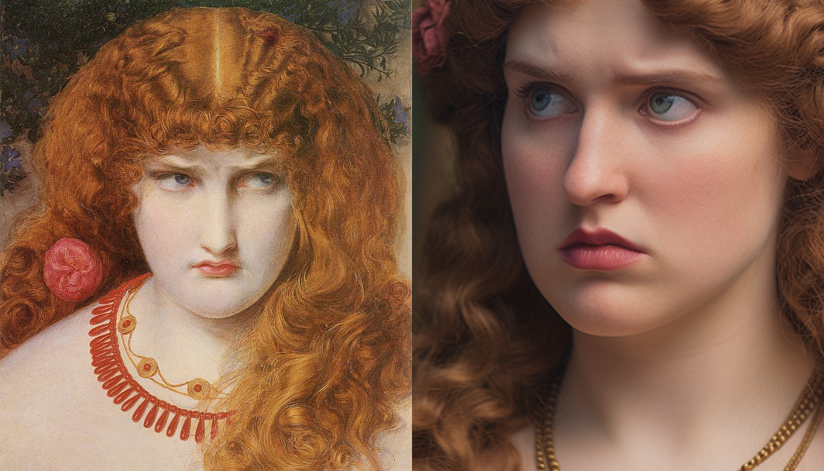 The image showcases two portrayals of Helen of Troy, drawing from the artistic interpretation by Anthony Frederick Augustus Sandys. On the left, Sandys' original painting captures Helen with an intense gaze, her curly auburn hair adorned with classical accessories, emphasizing the romanticism of the Victorian era with rich detail and a strong, almost melancholic expression.

On the right, the AI recreation adopts a similar style but with a heightened sense of realism. The modern representation depicts Helen with a lifelike appearance, her curls rendered with palpable texture and her complexion bearing the softness of natural skin tones. The AI has injected a subtle depth to her gaze, conveying emotion that seems to reflect the inner turmoil of her mythological narrative.
