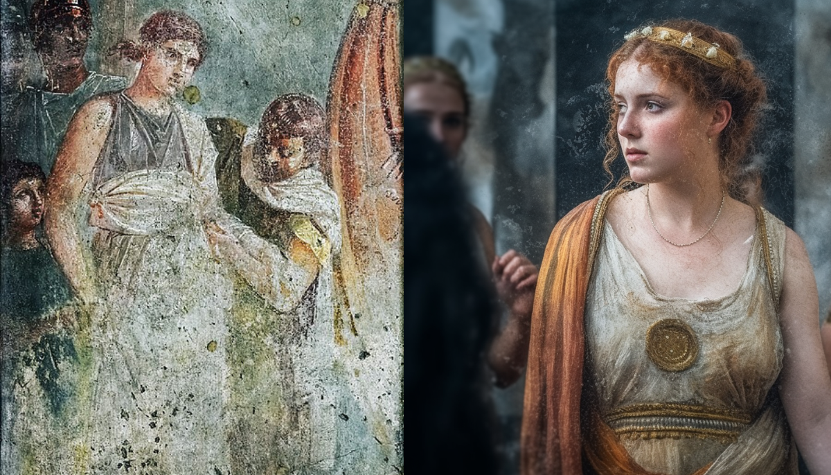 The image is a side-by-side comparison of two depictions of Helen of Troy. On the left is a section of the ancient fresco from the House of the Tragic Poet in Pompeii, dating back to 79 AD. This part of the fresco shows a woman, presumably Helen, with a solemn expression, wearing a classical Greek robe. The colors are subdued, with earthy tones, and the details are indicative of Roman wall painting styles with some fading due to age.

On the right is a modern recreation, likely using AI, inspired by the ancient fresco. The woman portrayed as Helen in this image has a more vivid presence, with clearer details and brighter colors. She has reddish-blonde hair adorned with a golden hairpiece, a gentle expression, and is clad in a Greco-Roman style garment that drapes elegantly. She bears a necklace and the clothing is accented with gold, suggesting nobility. The modern recreation brings a lifelike quality to the ancient image, attempting to bridge the gap between the historical depiction and contemporary visual expectations.