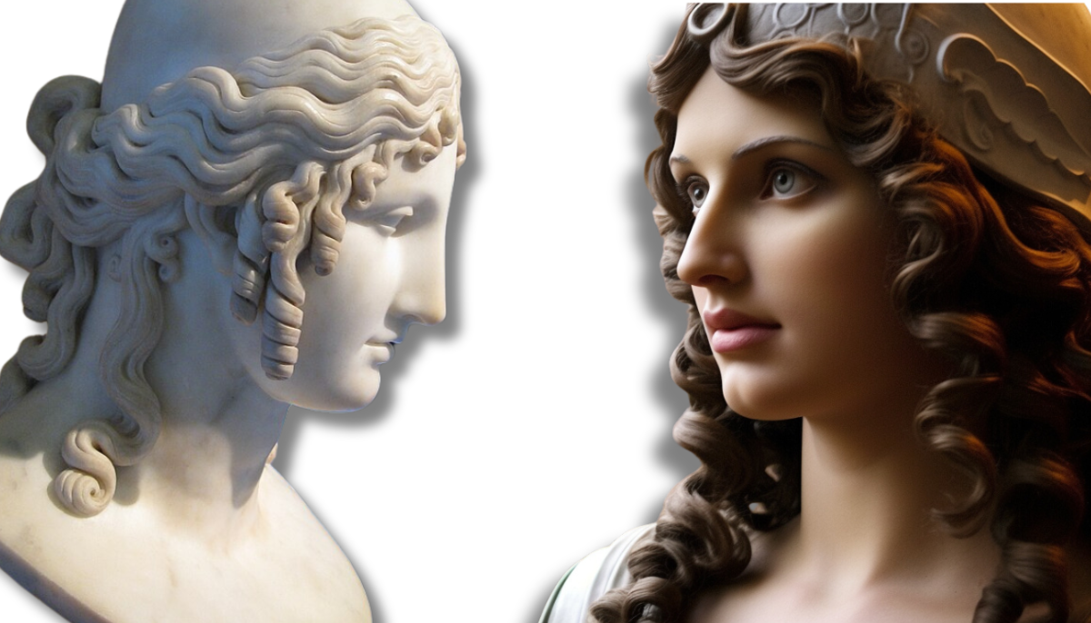 a marble bust of Helen of Troy by the renowned neoclassical sculptor Antonio Canova, crafted in 1811, with its modern, colorized interpretation. The left side displays Canova's sculpture, capturing Helen's profile in the smooth, cool marble characteristic of the neoclassical style that sought to revive ancient Greco-Roman aesthetics.

On the right, the colorized rendition offers a lifelike interpretation of Canova's Helen. This modern portrayal is infused with warm hues and textures, bringing Helen's visage closer to human likeness. Her curling hair, now given depth and color, frames a face that conforms to Renaissance beauty standards—full cheeks, a gentle expression, and soft, thoughtful eyes, contrasting the Roman ideal which is represented in the fresco. The Renaissance era revered a blend of natural beauty and intellectual expression, which this image captures in Helen's contemplative gaze and demure poise.
