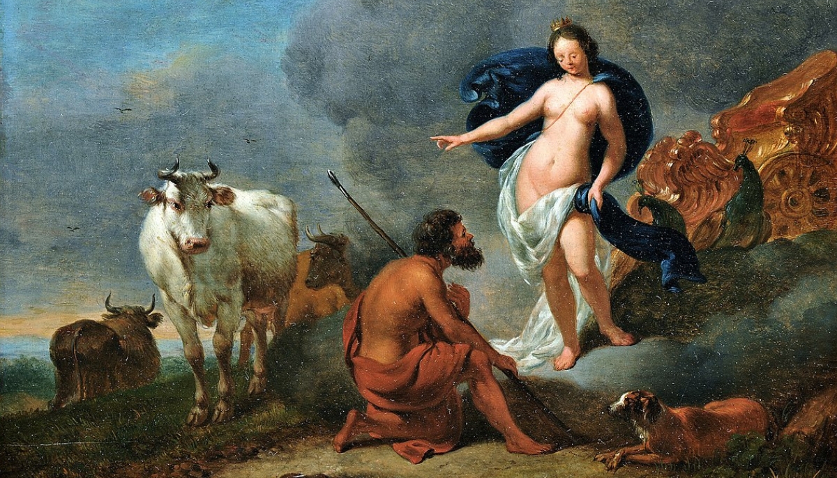 "Hera and Io" by Nicolaes Pietersz. Berchem the Younger captures a pivotal moment in Greek mythology, where Hera, the queen of the gods, confronts Io, one of Zeus's lovers transformed into a cow