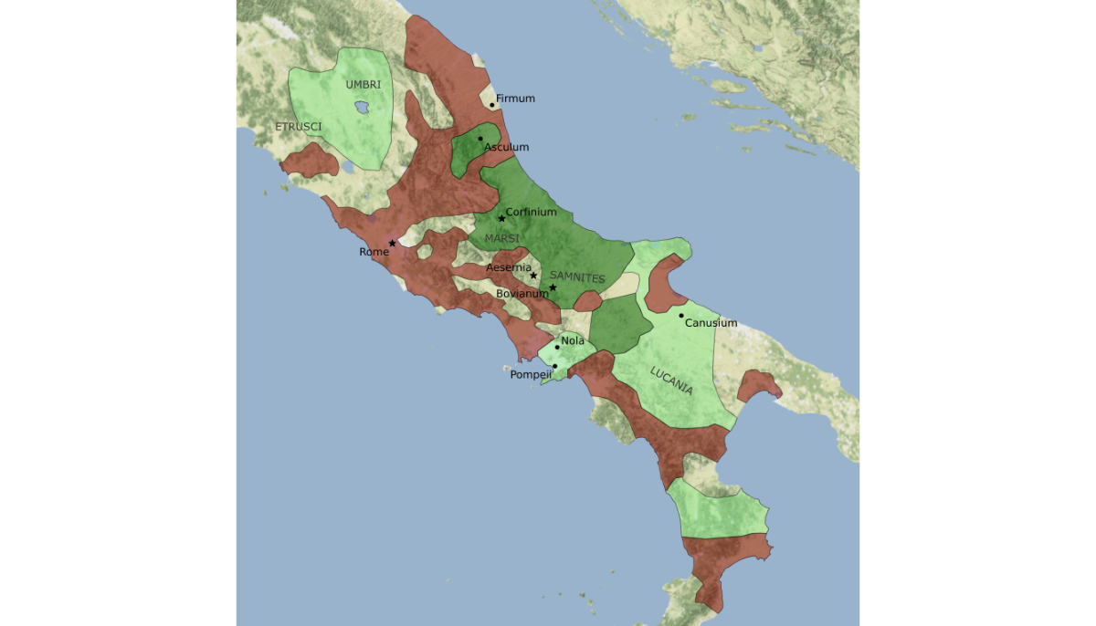 The Italian wars. This map depicts Roman territory in maroon, with the territory of the initial insurgents in dark green. Territory in light green were groups that later joined the insurgents. Selected cities also plotted, along with labels for the major Italian combatants.